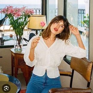 ROUJE ✨ White Cotton Puff Sleeve Peplum Blouse XS 34